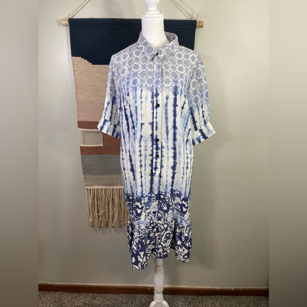 Peter Som Blue Tie Dye Mix Pattern Shirt mini Short sleeves dress 12
